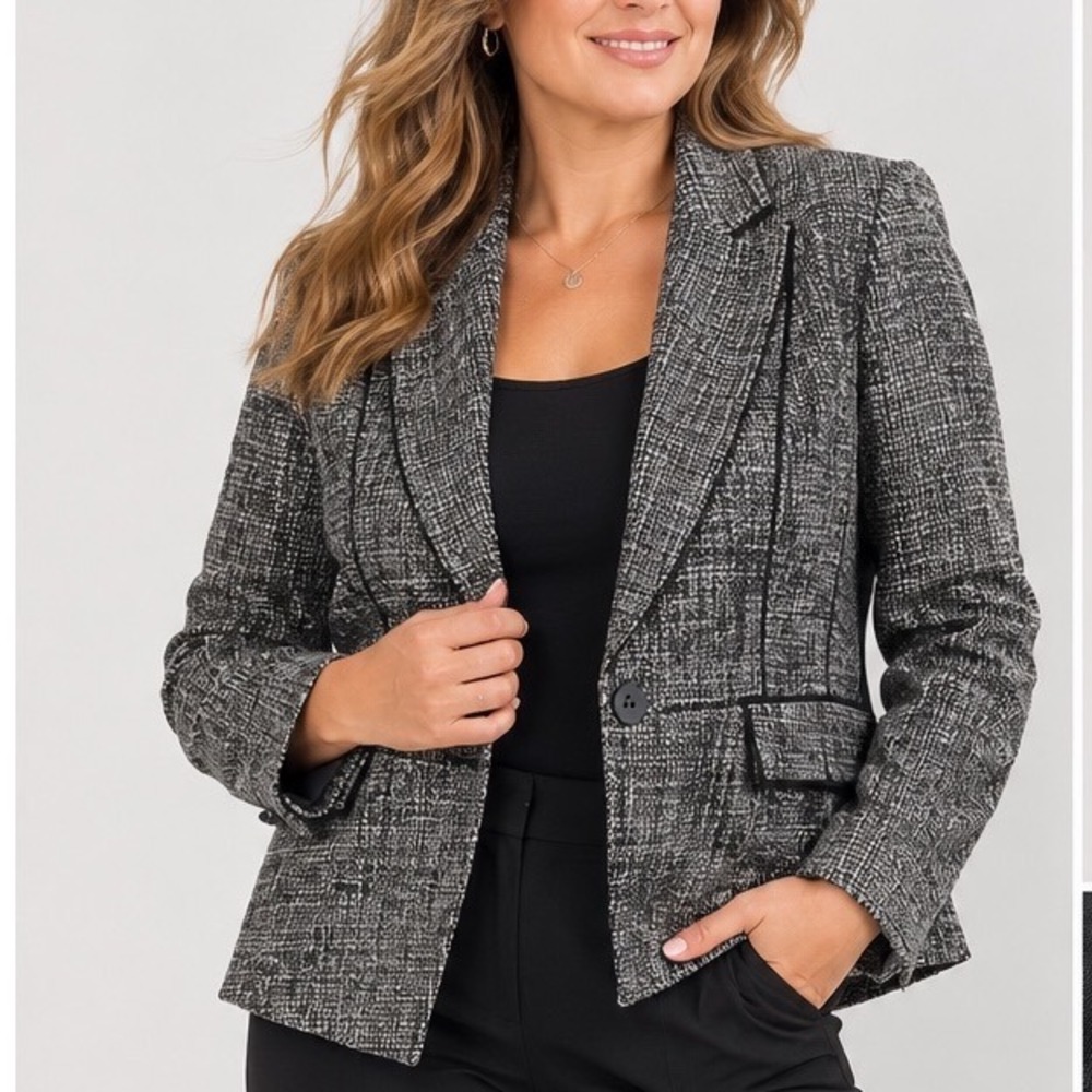 Elie Tahari Womens Size 14 Mixed Media Tweed Wool Blend Peplum Blazer Black Gray